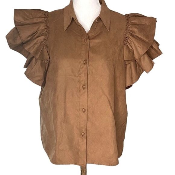 Marc New York Wm’s Sz Med Brown Tiered Ruffle Sleeve Button Down Shirt - Picture 1 of 6